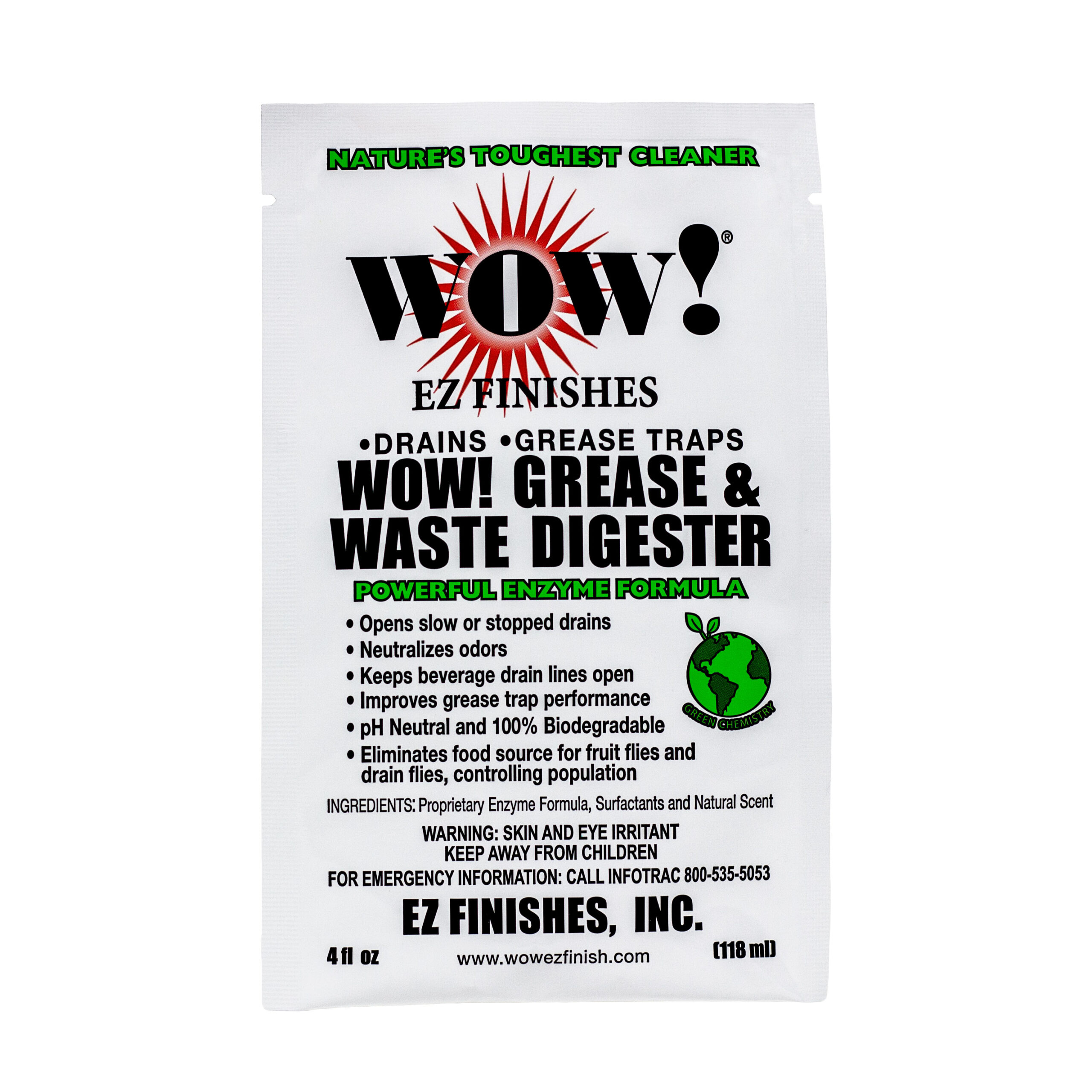 Wow! Drain & Waste Digester product packaging - (a non-toxic, bio-enzyme) drain cleaner in a 4 oz packet. 
